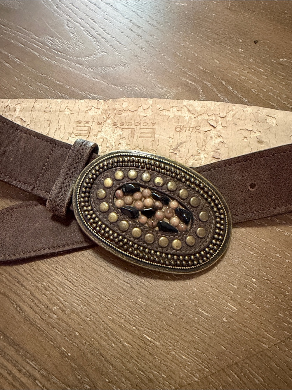 Men's Brown Leather Studded Belt with Decorative Oval Buckle